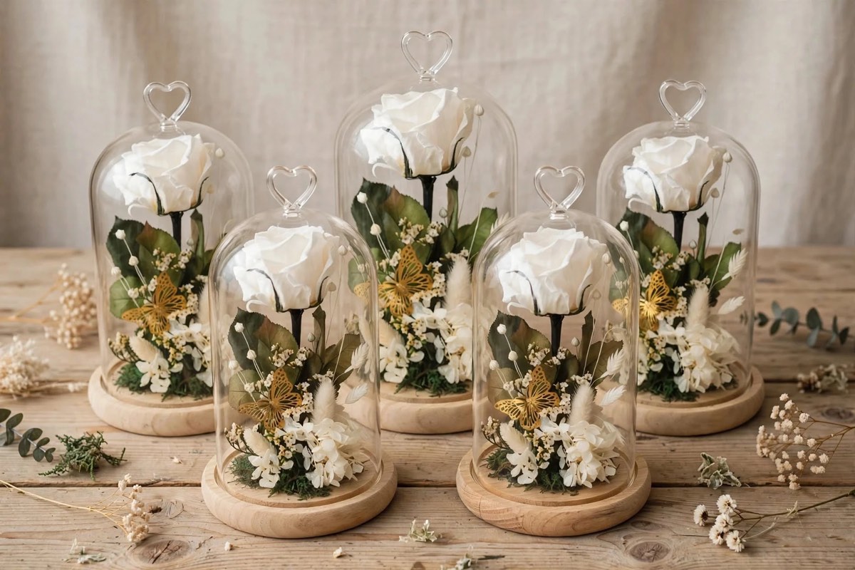 Rosas blancas preservadas en cúpulas de cristal, con mariposas doradas y flor seca