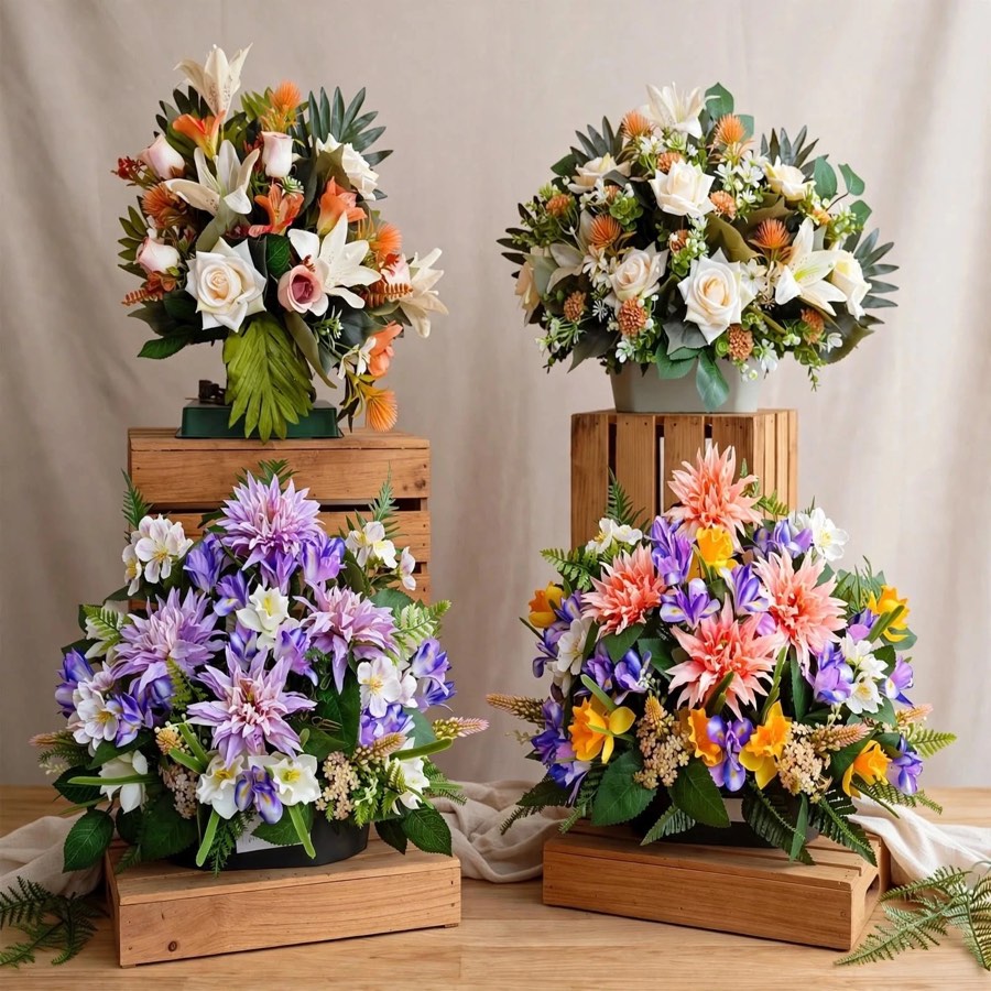 Cuatro centros de flor artificial con iris, dalias lila y coral, rosas y lilium