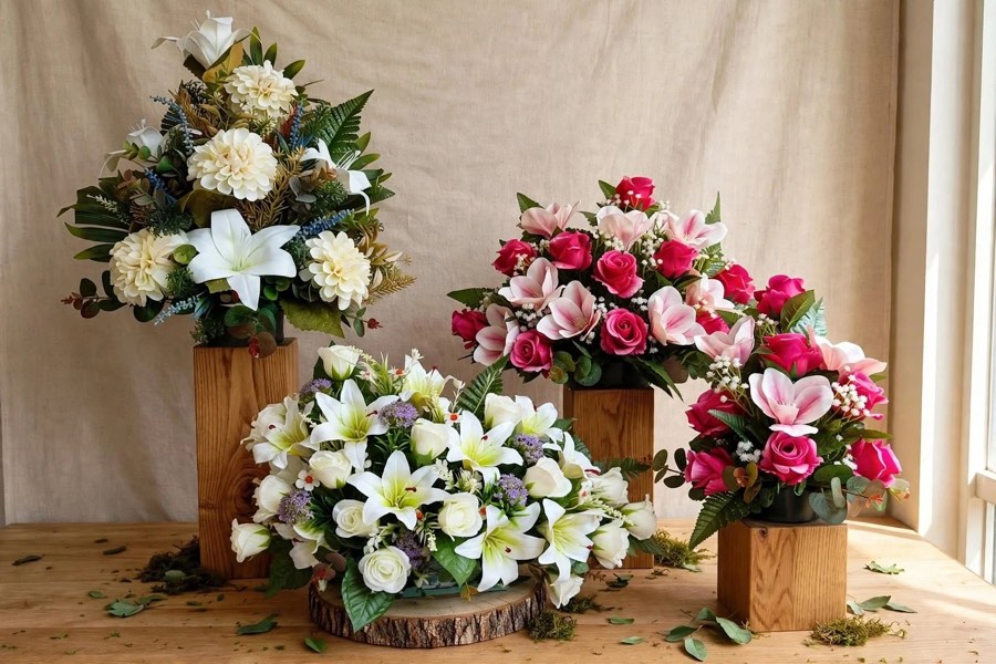 Centros de flor artificial con lilium blancos, rosas blancas y rosas fucsia